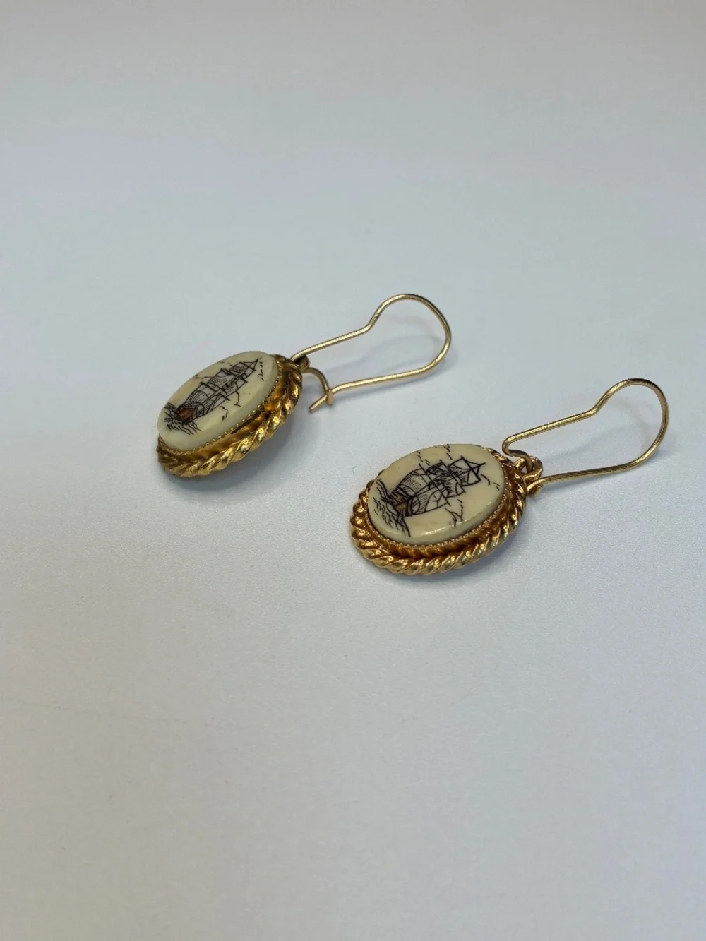 Vintage Gold-Tone Scrimshaw Nautical Ship Dangle Earrings